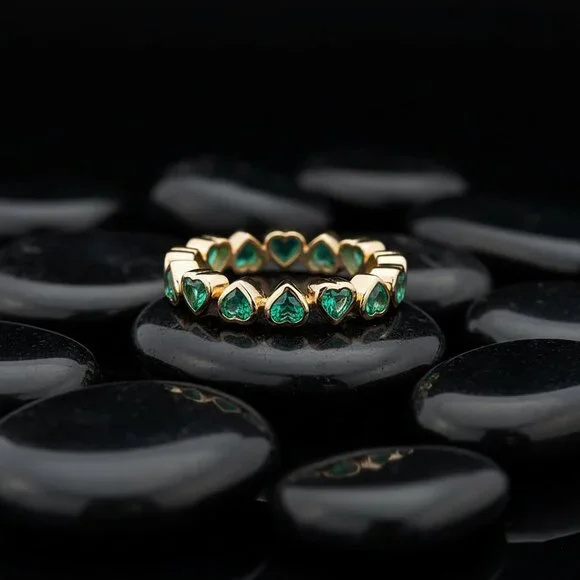 Heart Cut Emerald 14K (or 18k upon request) Yellow Gold Eternity Ring - Picture 3 of 3